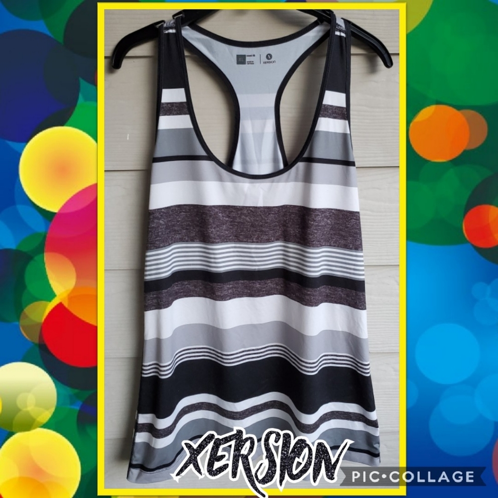 Xersion Monochromatic Black & White Grey-scale Striped Racerback Tank Top